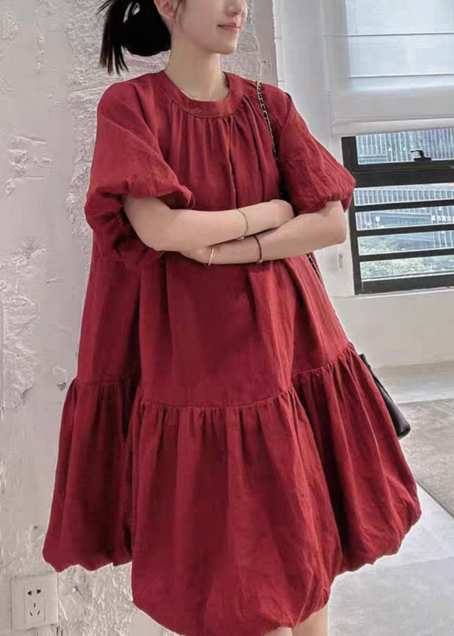 Wine Red Back Button Linen Dresses O Neck Puff Sleeve