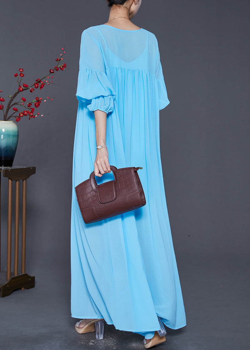 Lake Blue Oversized Wrinkled Chiffon Maxi Dress Fall
