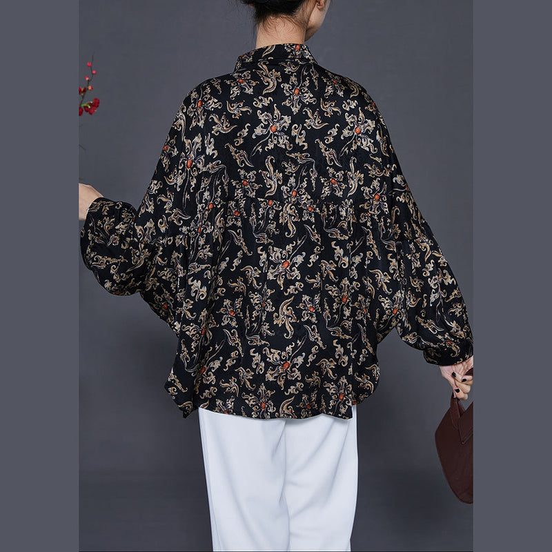Black Print Chiffon Blouses Peter Pan Collar Summer