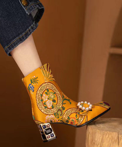 Yellow Embroidered Zircon Satin Chunky Ankle Boots