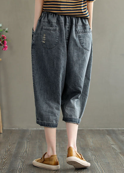 Grey Embroideried Hole Pockets Cotton Denim Crop Pants Summer