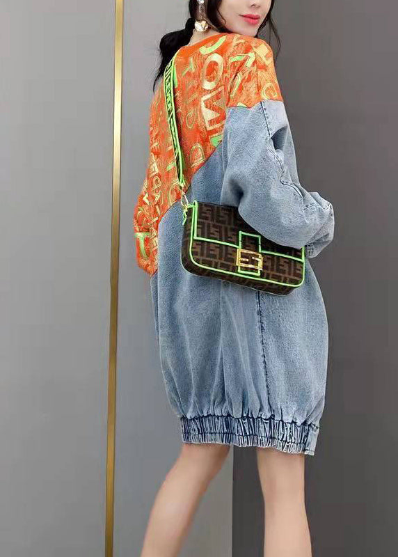 Red O-neck Print Knit Patchwork Denim Dresses Spring