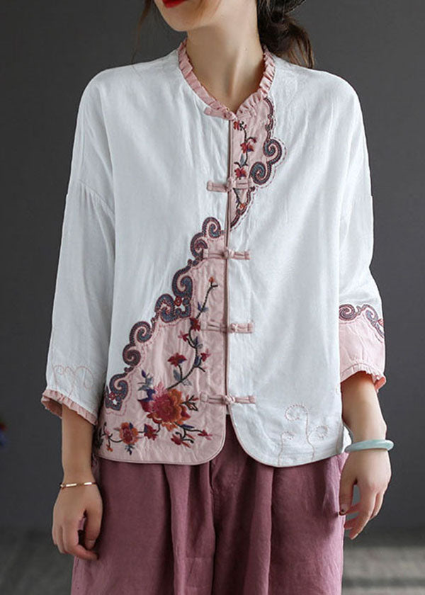 White Ruffled Embroideried Patchwork Cotton Tops Spring