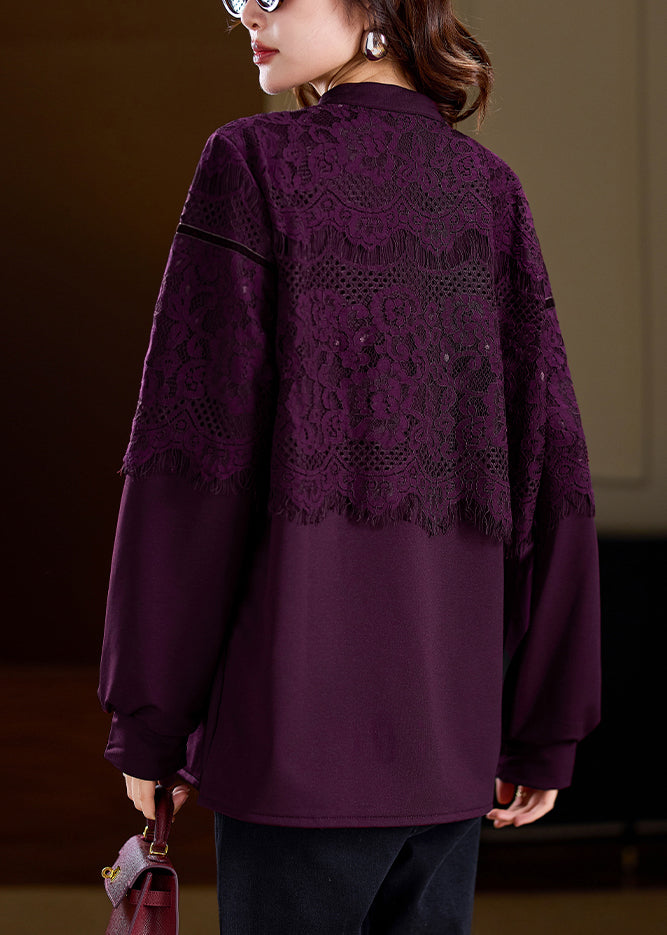 Purple Chinese Button Patchwork Lace T Shirts Spring