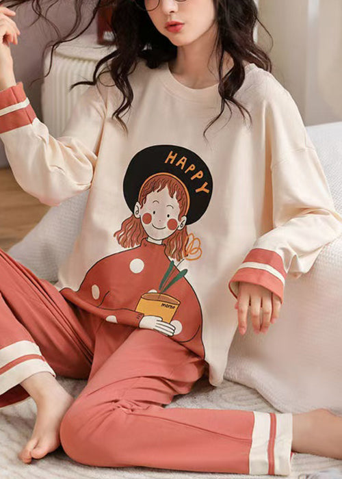 Beige Print T Ahirt and Orange Pants Cotton Pajamas Two Pieces Set Fall