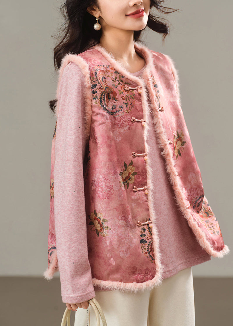 Pink O-neck Print Patchwork Mink Hair Waistcoat Winter