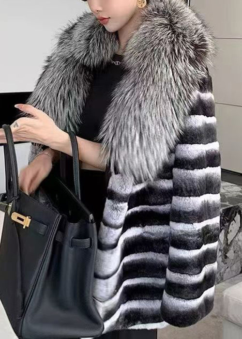 Art Striped Rabbit Hair Collar Leather and Fur Coat Winter