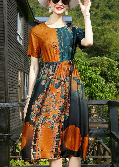 French Colorblock O-neck Cinched Print Silk Beach Dresses Short Sleeve