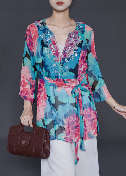 Blue Sequins Print Chiffon Shirt Top Summer