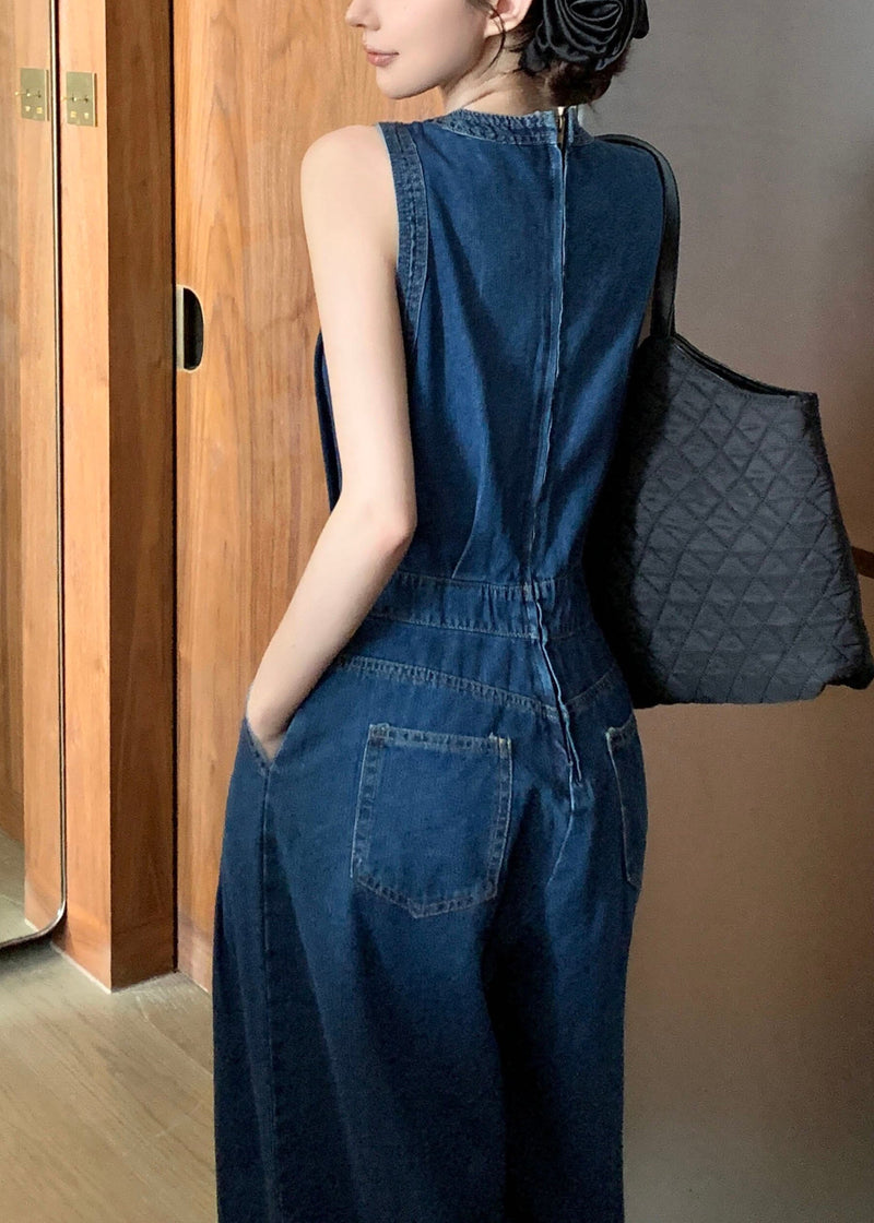Stylish Blue V Neck Patchwork Denim Jumpsuits Sleeveless