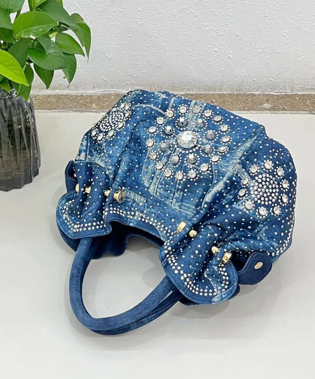 Fine Blue Zircon Durable Denim Tote Handbag