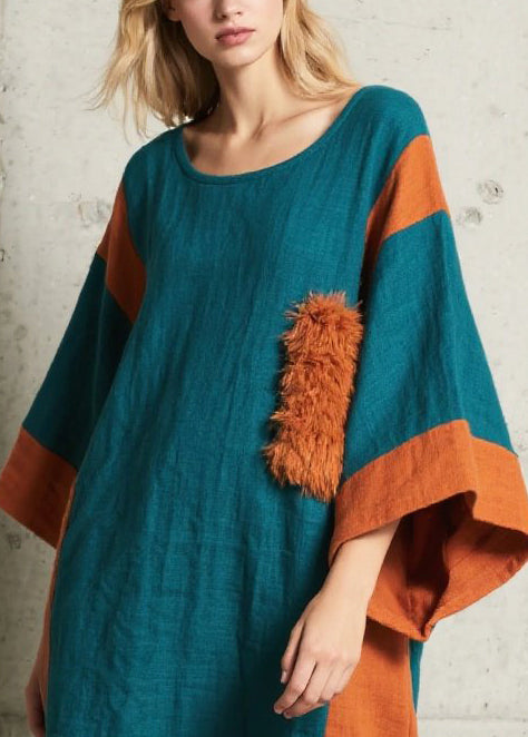 Colorblock Asymmetrical Patchwork Faux Fur Dresses Batwing Sleeve