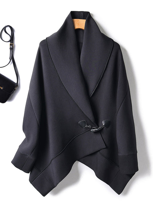Organic Black Peter Pan Collar Button Cotton Trench Coats Batwing Sleeve
