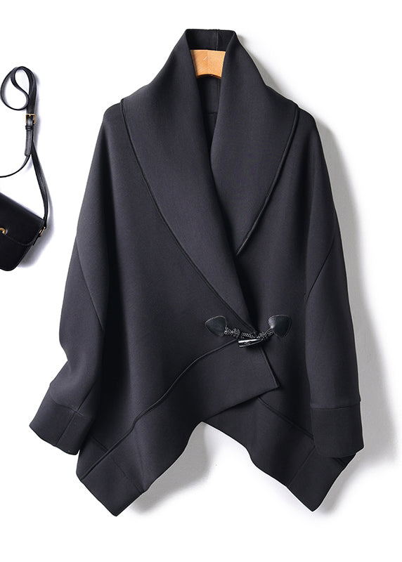 Organic Black Peter Pan Collar Button Cotton Trench Coats Batwing Sleeve