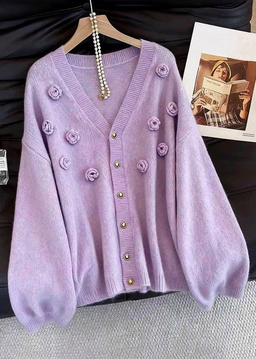 Loose Purple V Neck Button Knit Cardigans Fall