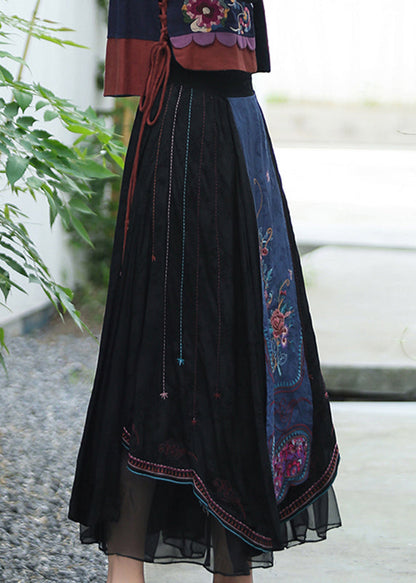 Black Embroideried Tulle Patchwork Elastic Waist Linen Maxi Skirts Fall