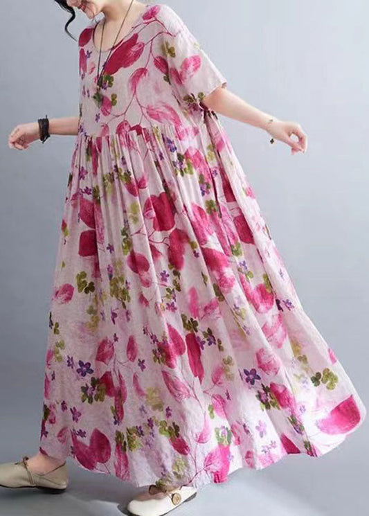 Rose O-neck Print Wrinkled Maxi Dresses Short Sleeve