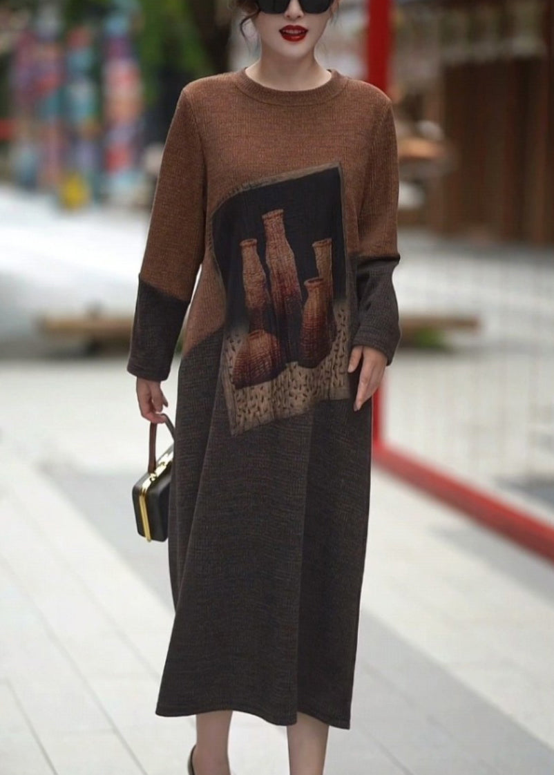 Colorblock O Neck Cozy Knit Long Dress Winter
