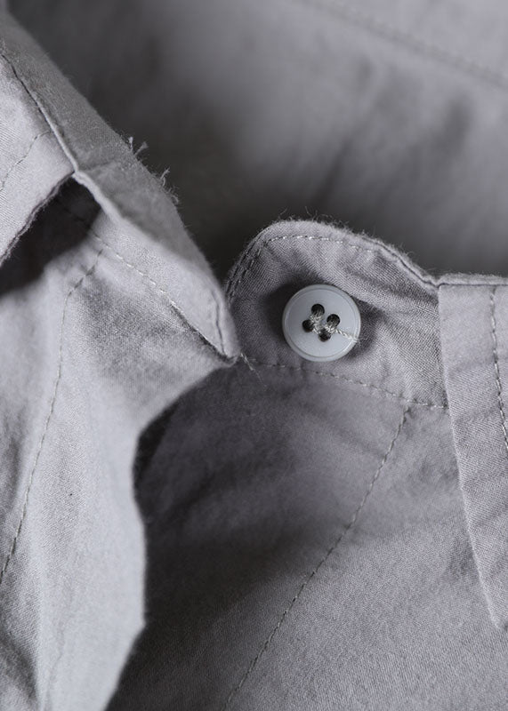 Grey Oversized Pockets Color Cotton Shirts Short Sleeve