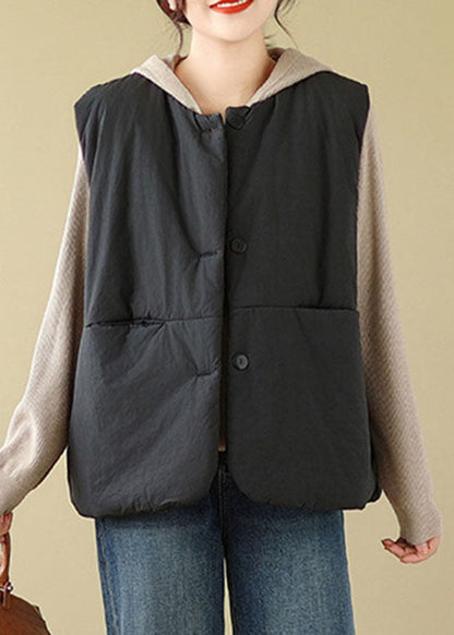 Black Pockets Patchwork Button Hooded Jacket Waistcoat Winter