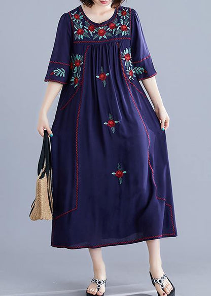 Handmade Navy Embroidery Cotton Clothes for O Neck Cinched Cotton Robes Summer Dress