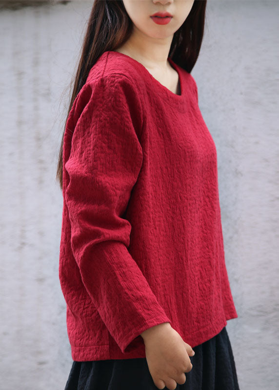 Mulberry O-neck Jacquard Linen Tops Long Sleeve