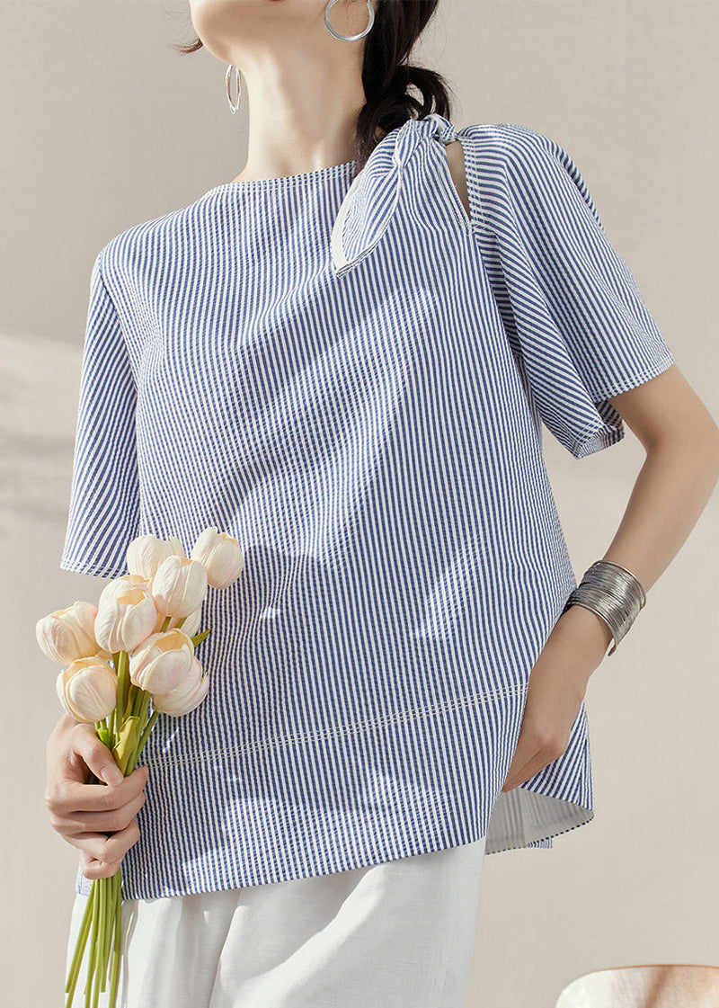 Natural Blue O-neck Striped Bow Tops Summer