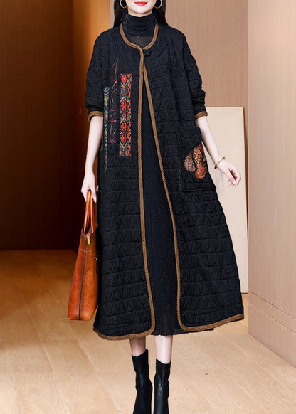 Black O Neck Pockets Patchwork Fine Cotton Filled Coat Winter