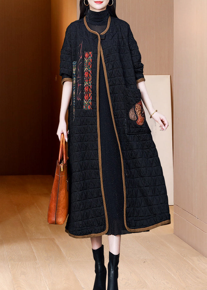 Black O Neck Pockets Patchwork Fine Cotton Filled Coat Winter