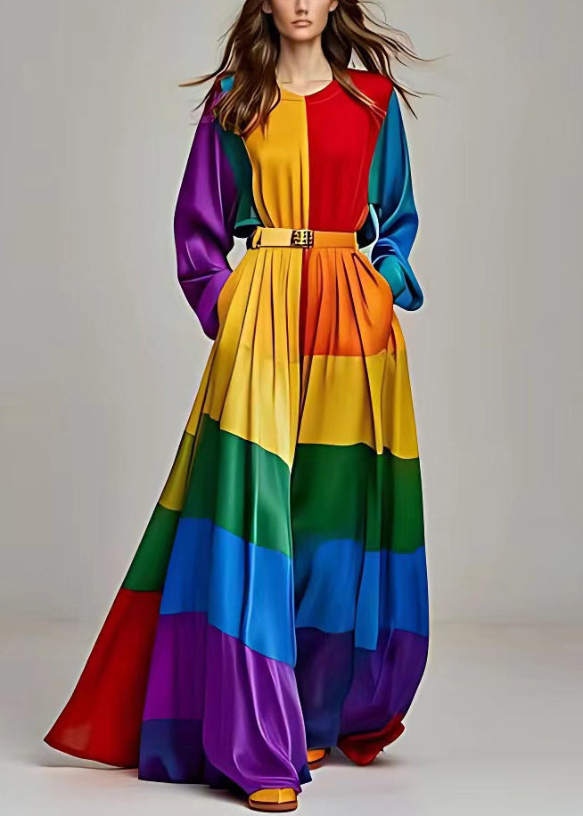 Colorblock Asymmetrical Pockets Patchwork Silk Ankle Dress Long Sleeve