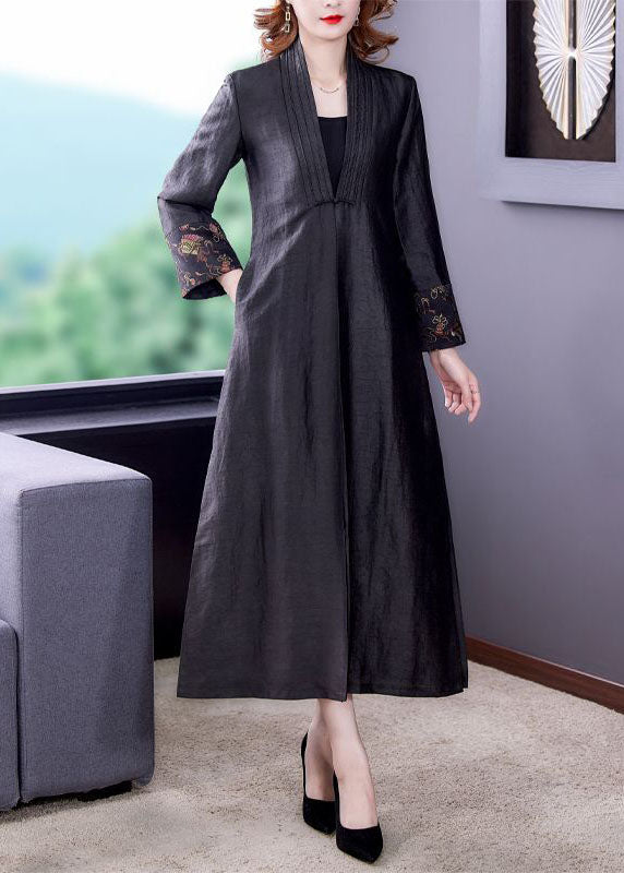 Black V Neck Patchwork Side Open Silk Trench Coats Fall