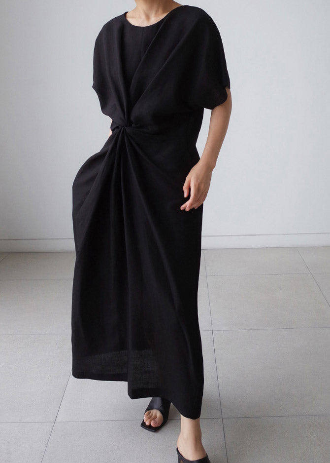 Black O-neck Bowknot Long Dress Short Sleeve