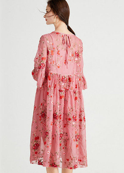 Pink O-neck Embroideried Lace Dresses Two Piece Set Summer