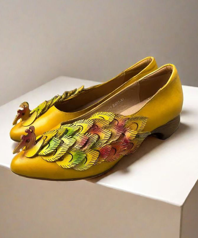 New Retro Style Yellow Pointed Toe Cowhide Leather Shoes