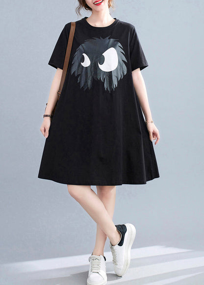 Slim Fit Black O-neck Appliques A-line Dresses Short Sleeve