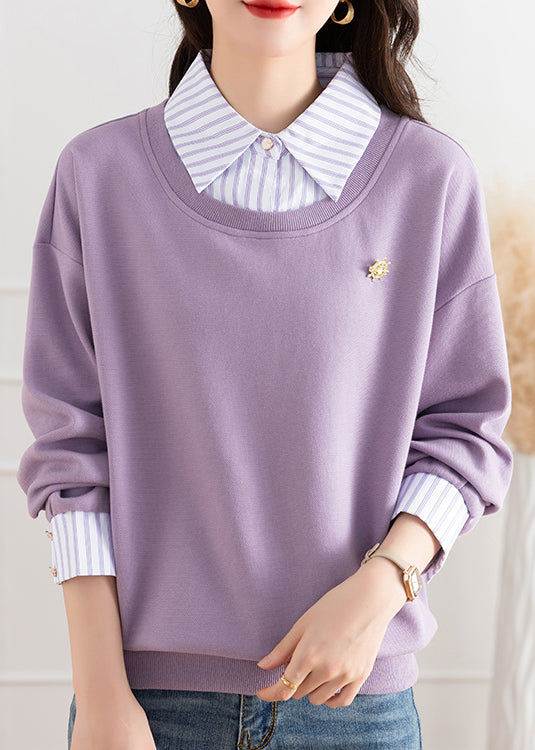 Purple Patchwork False Two Pieces Cotton Top Fall