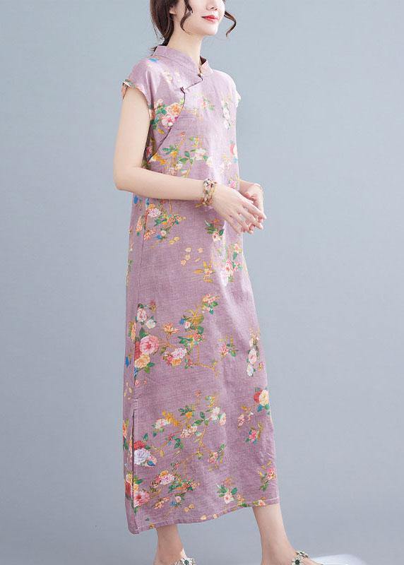 Natural Light Purple Print Button Oriental Mid Dress Summer Cotton Dress