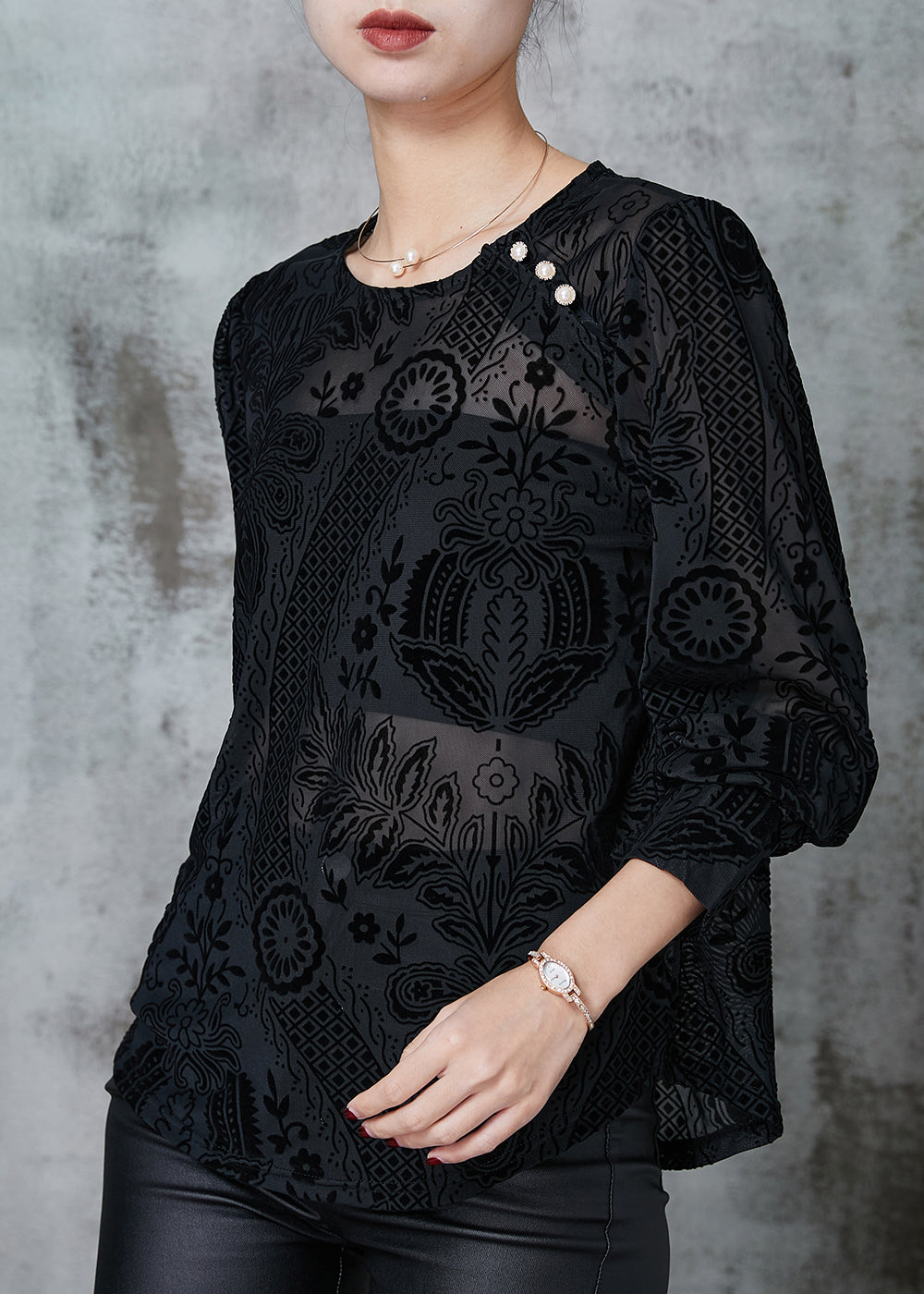 Black O-neck Jacquard Lace Tops Spring