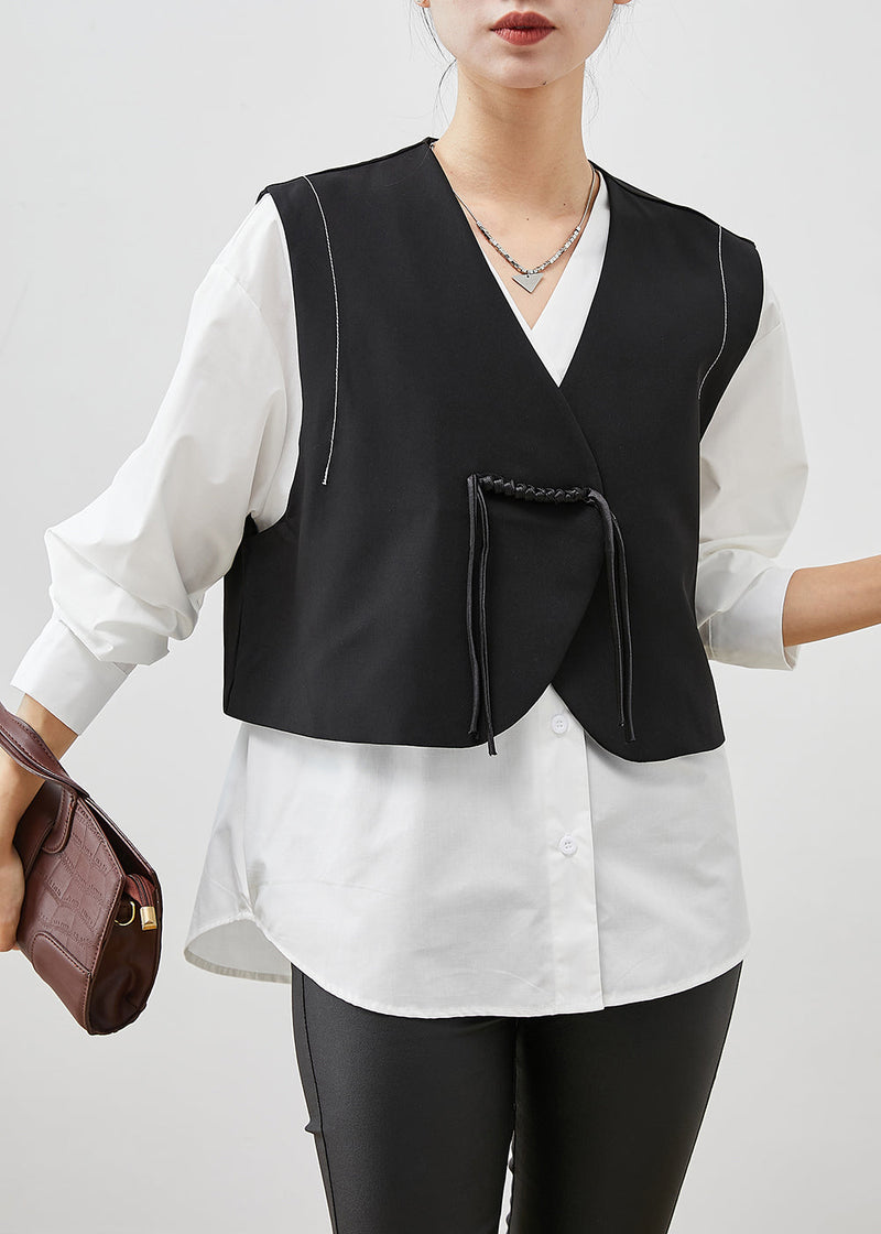 Italian Black Tasseled Spandex Vest and Shirt Two Pieces Set Spring