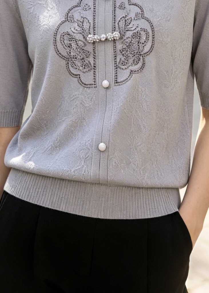 Grey Blue Jacquard Chinese Button Knit Shirt Top Summer