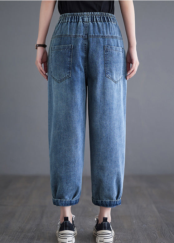 Blue Elastic Waist Pockets Denim Harem Pants Summer