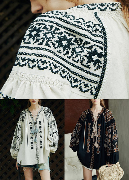 Loose Black Printing Patchwork Linen Shirts Puff Sleeve