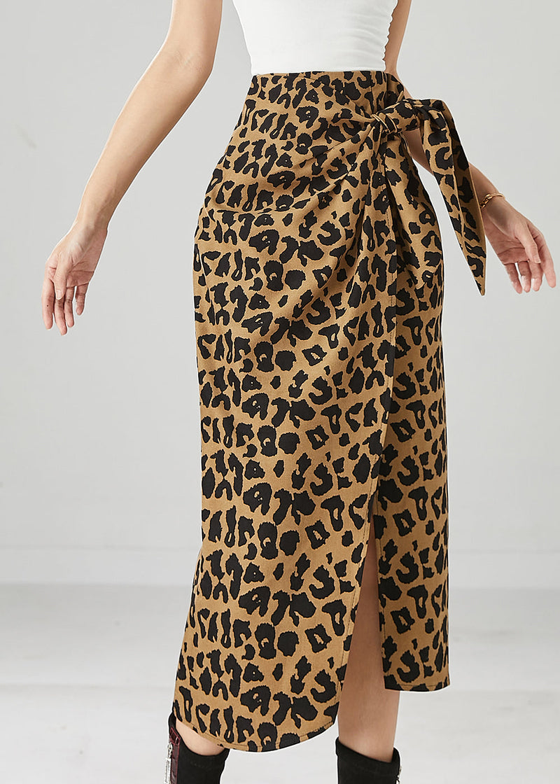 Asymmetrical Leopard Print Side Open Cotton Skirt Fall