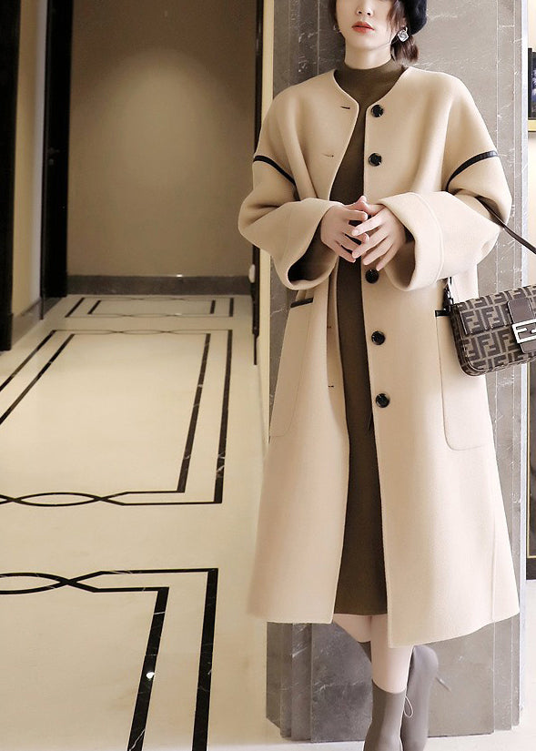 Vogue O-neck Pockets Patchwork Button Woolen Trench Coats Long Sleeve