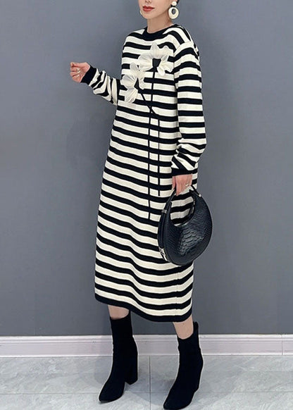 French Striped O-neck Side Open Holiday Long Dress Long Sleeve