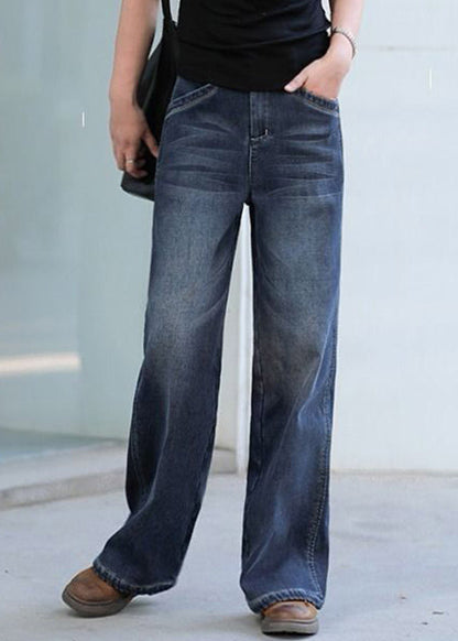 Baggy Denim Blue High Waist Pockets Cotton Straight Pants Summer
