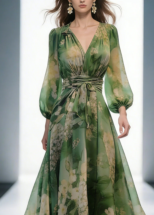French Green V Neck Print High Waist Chiffon Dresses Long Sleeve Spring