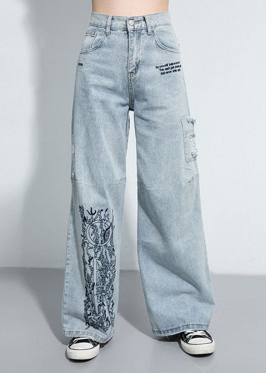 Natural Blue Hole Embroideried Pockets Wide Leg Pants Spring
