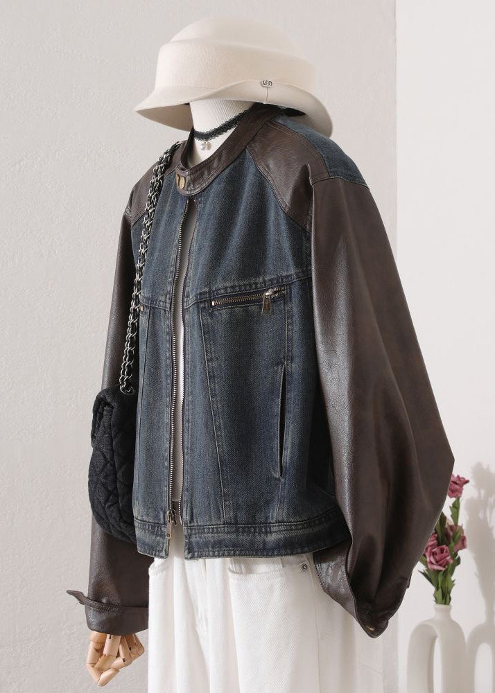 O Neck Pockets Faux Leather Patchwork Denim Coat Fall