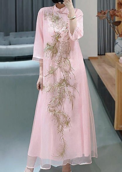Green Embroideried Button Cotton Blend Long Dresses Spring